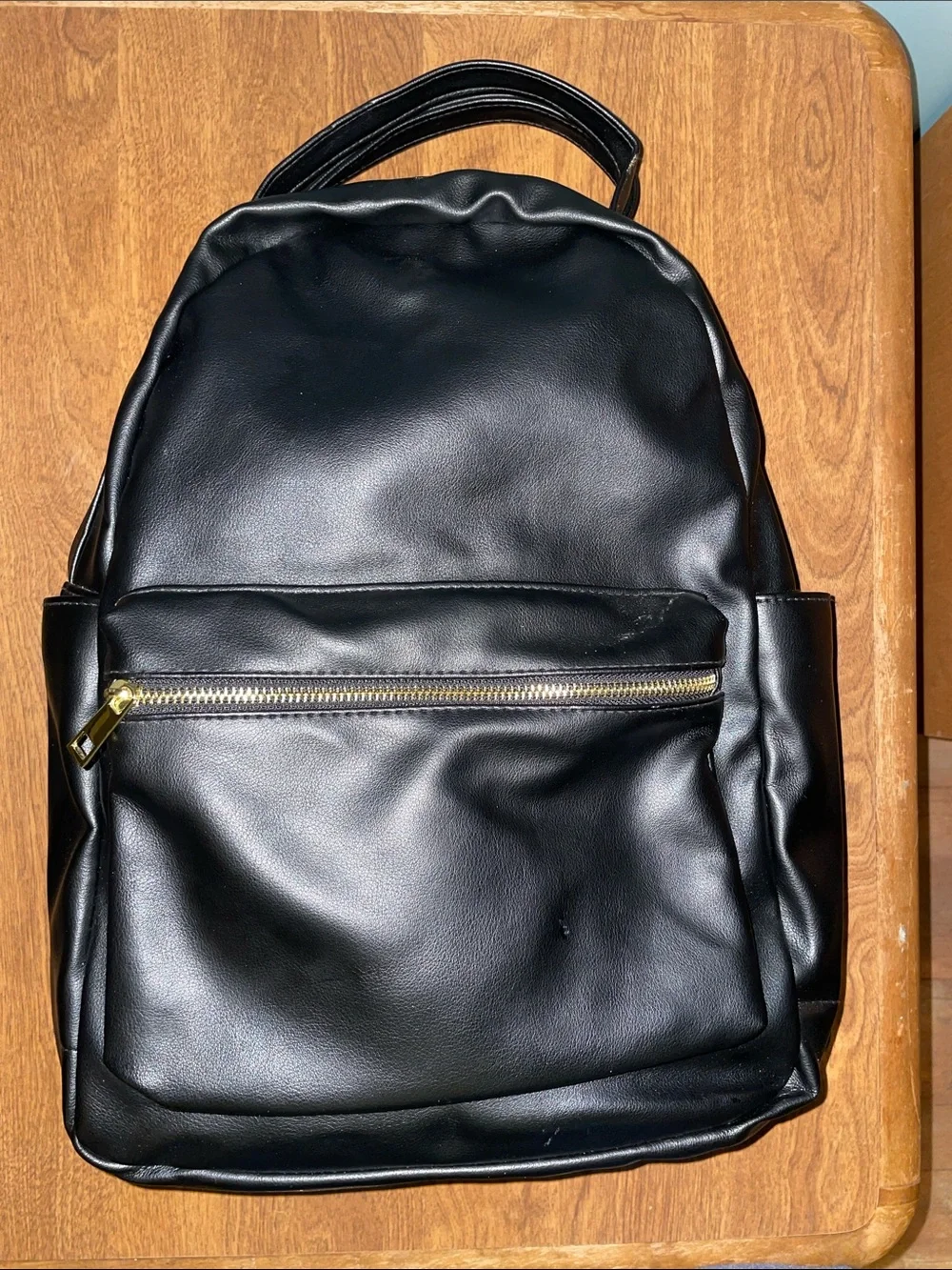Black Faux Leather Backpack with Gold Zipper